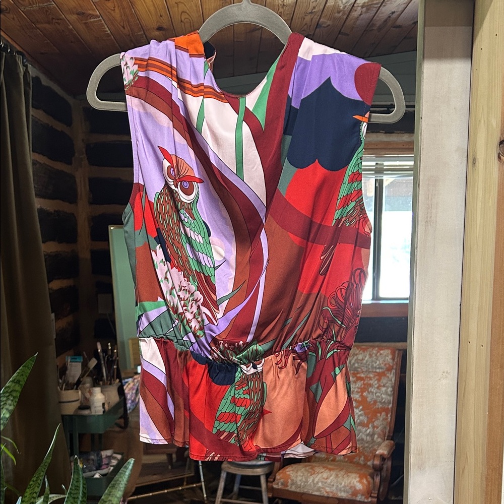 Sleeveless Multicolor Owl-Print Peplum Top